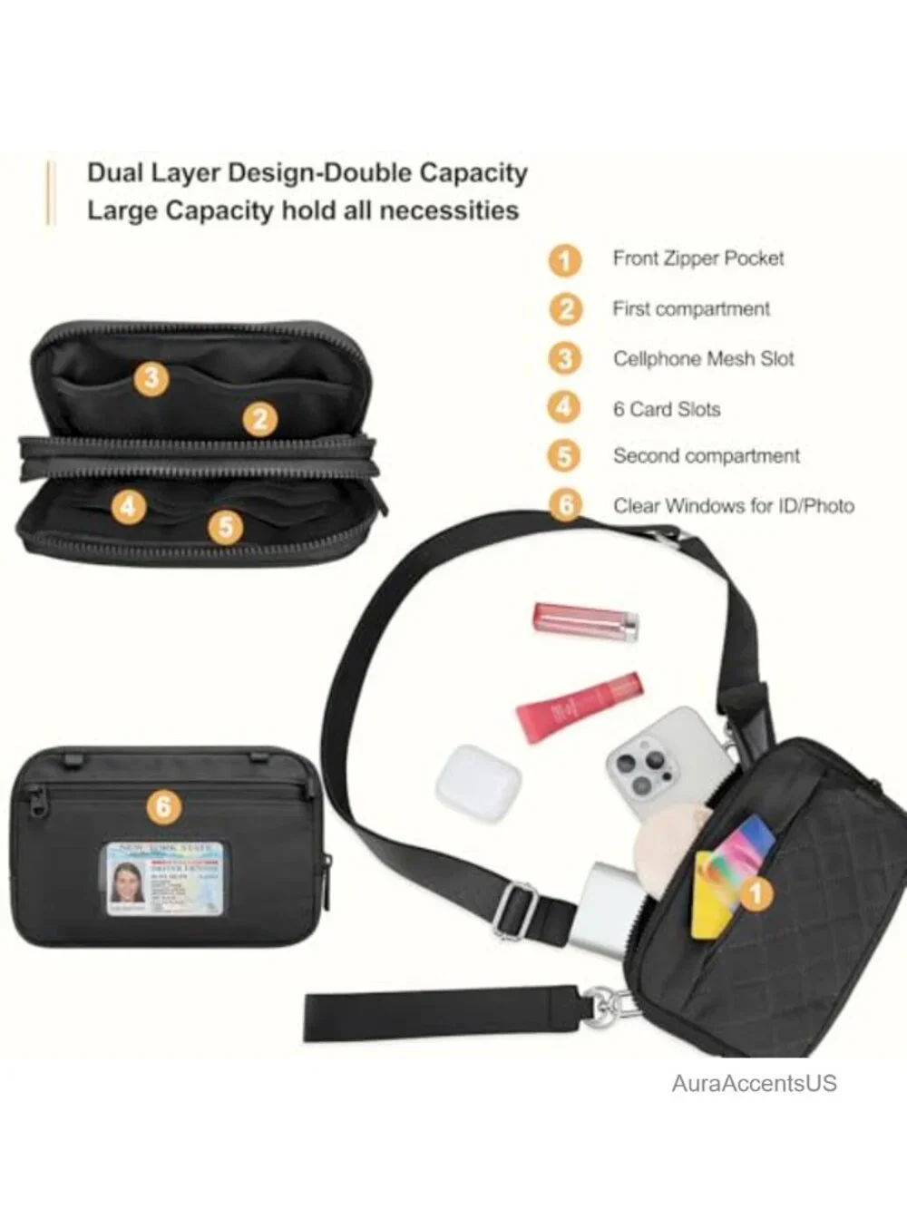Quilted Crossbody Bag Small Wristlet Wallet RFID Card Slots Dual Pouch Clutch